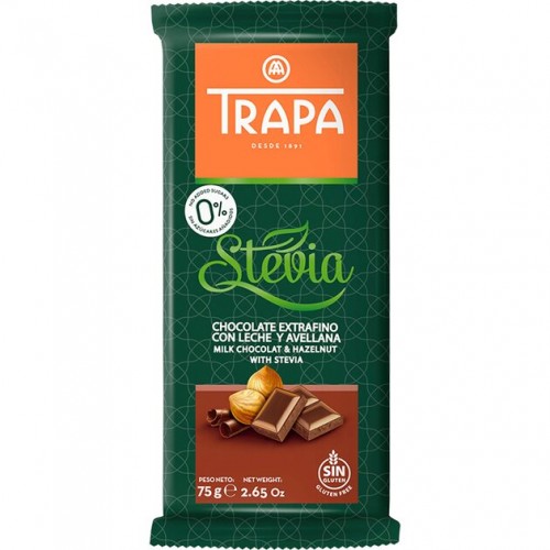 Шоколад без сахара молочный с фундуком Stevia Trapa 75г